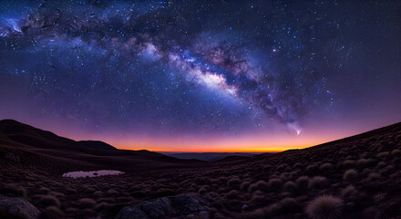 Fototapeta premium Milky Way Galaxy Over Grassy Hills and Lake stock photo