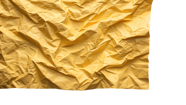 Bright yellow wrinkled paper with creased texture showing warm golden tones and scattered fold patterns, isolated on a transparent background