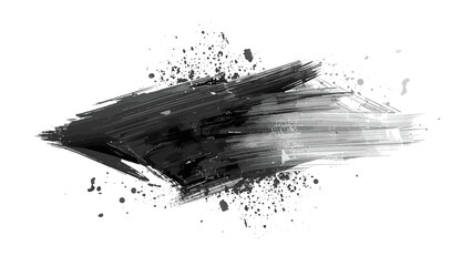 Abstract Black grunge paint brush stroke with splatter and drips. Dynamic horizontal stroke fades from black to gray, surrounded by chaotic paint splashes  messy, raw, and edgy grunge aesthetic.