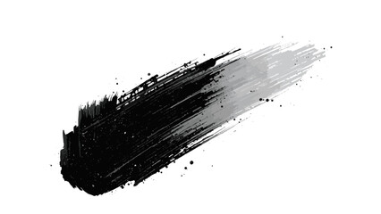 Abstract Black grunge paint brush stroke with splatter and drips. Dynamic horizontal stroke fades from black to gray, surrounded by chaotic paint splashes  messy, raw, and edgy grunge aesthetic.