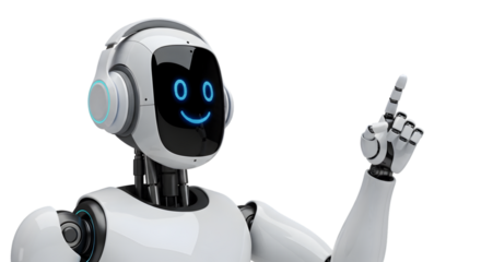 Friendly Robot with Headphones Pointing Finger on Black Background