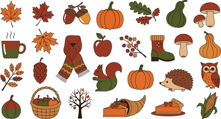 Autumn harvest elements in flat design, including pumpkins, acorns, leaves and seasonal food icons