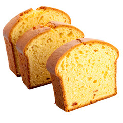 Sliced golden bread showcasing airy texture, with visible fruit pieces. Isolated on black