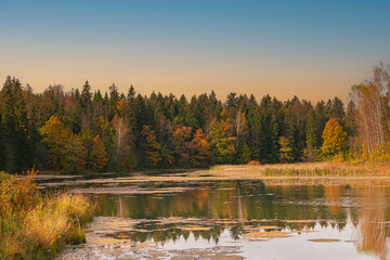 Autumn landscape along the Voria River, with sunset light,  in Abramtsevo, Sergiev Posad region, Moscow Oblast, Russia
