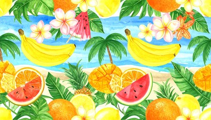 Watercolor tropical fruit and flower pattern