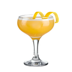 Elegant cocktail in a stemmed glass with a lemon twist garnish against a black backdrop