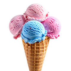 A waffle cone piled high with scoops of pink and blue ice cream