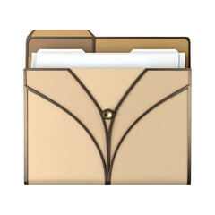 A stylized, beige and gold file folder is open, revealing white papers inside