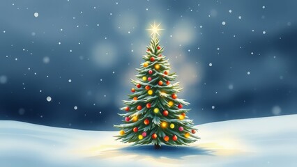 Fototapeta premium A decorated Christmas tree outside in the snowy landscape at night. 