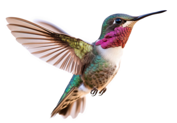 A broadtailed hummingbird in flight isolated on transparent background, showcasing its iridescent colors and rapid wing movements, a marvel of natures design