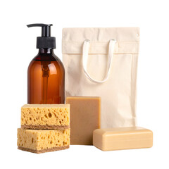 Eco-friendly cleaning set amber dispenser, bag, sponges, soap bars