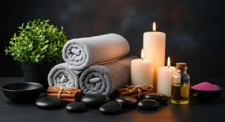 A spa setting with rolled towels, lit candles, smooth stones, a small plant, and essential oil