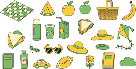 A vibrant collection of hand-drawn vector icons representing essential items for a summer picnic and outdoor recreation