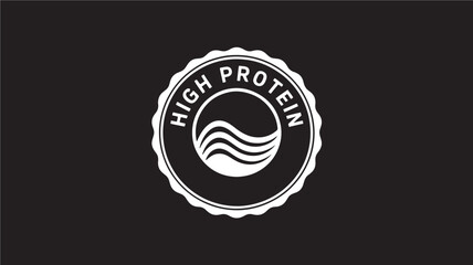 High protein label design white vector emblem with wave symbol isolated on black background