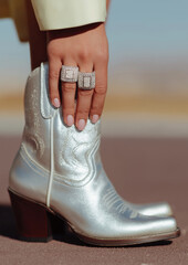 Naklejka premium Close-up of silver cowboy boots and sparkling statement rings, styled with a soft cream blazer in a desert setting. Western glam fashion concept with luxe accessory focus.