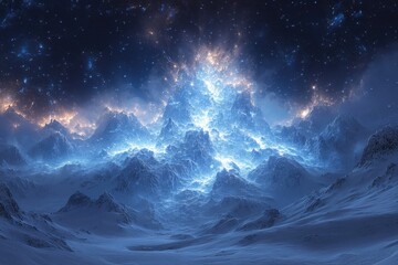 Fototapeta premium Stars twinkle overhead in a snowy mountain scene under a bright blue sky.