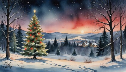 Fototapeta premium A decorated Christmas tree outside in the snowy landscape at night. 