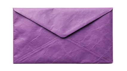 Purple envelope back view with creases and folds, isolated on a transparent background