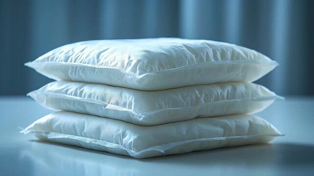 Stacked white pillows on a smooth blue-toned surface in a calm bedroom setting, showcasing plush comfort, premium pillow cushioning, and serene sleep-ready bedding ambiance