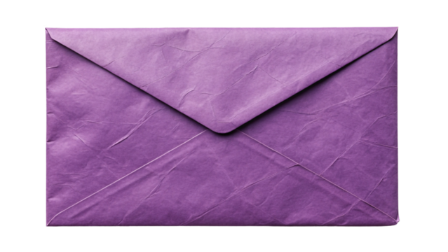 Purple envelope back view with creases and folds, isolated on a transparent background
