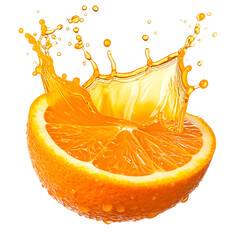 Juicy orange half with vibrant splash against black. Water droplets, details highlighted