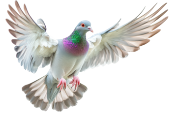 A white pigeon soaring gracefully, wings spread wide, isolated on transparent background, embodying peace and freedom in a captivating display of avian beauty