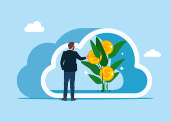 Growing money plant seedling with coin flower in cloud storage. Investing money. Server room in the shape of a cloud. Data in a database on cloud storage. Vector flat illustration