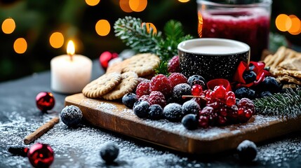 Festive berry and cracker platter with holiday decorations.