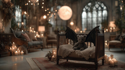 Halloween decor in a cozy room with candles, soft lighting, and a teddy bear with bat wings