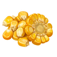 A detailed illustration of corn kernels, some loose and others attached to the cob