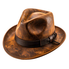 Brown leather fedora hat with a textured finish, dark band, and detailed brim