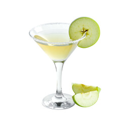 Martini glass with a pale yellow drink, sugar rim, and apple slice garnish