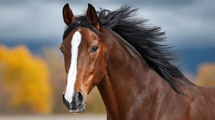 Fototapeta premium Brown horse with a white face and a black mane. The horse is running and has a wild look on its face