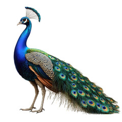 Obraz premium A majestic peacock, also known as pavo cristatus, isolated on transparent background, displaying its iridescent plumage and elaborate tail feathers in full splendor
