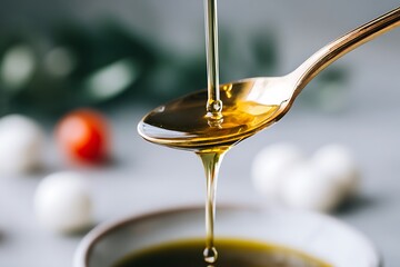 Macro close-up of golden olive oil pouring onto a reflective gold spoon, with a steady stream dripping off, symbolizing healthy cooking, Mediterranean diet, and liquid gold.