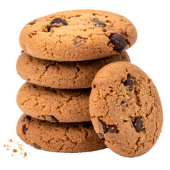 Close-up of five chocolate chip cookies stacked, with one separate, on a transparent background