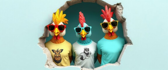 Three colorful chicken mascots wearing sunglasses and t-shirts, breaking through a wall. The scene is playful and humorous, ideal for fun marketing.