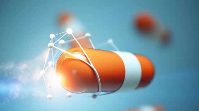 Close-up of orange and white capsules floating in a blue background, with molecular networks illustrating drug delivery concepts and pharmaceutical research in modern medicine