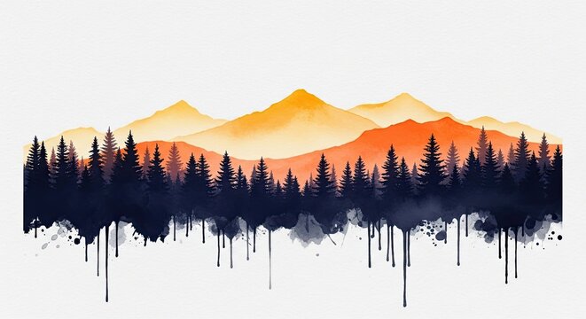 Abstract Watercolor Mountain Landscape with Pine Forest Silhouette
