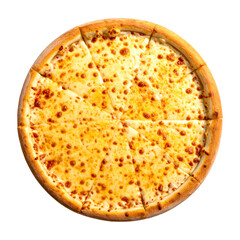 Overhead shot of a freshly baked pizza, sliced into eight, with melted, golden cheese