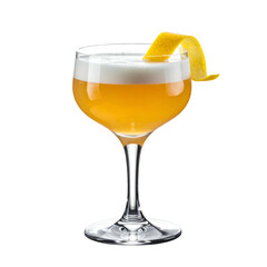 Elegant cocktail in a stemmed glass with a foamy top and lemon peel garnish on black