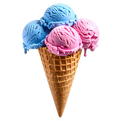 A colorful ice cream cone with four scoops, two blue and two pink, on a dark background