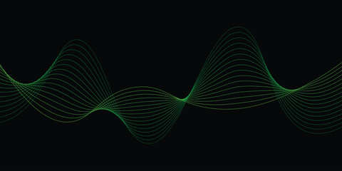 Vector abstract light lines wavy flowing dynamic in green colors isolated on black background.