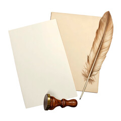 Two aged papers, feathered quill, and a wax seal arranged, depicting writing implements