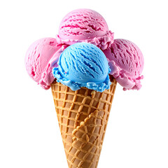 A close-up of a wafer cone overflowing with pink and blue ice cream scoops