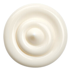 Overhead view of a swirl of creamy white condiment against a black background