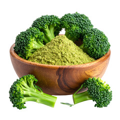 Wooden bowl filled with green powder and broccoli florets, isolated on black