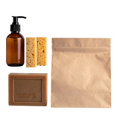 Set of cleaning supplies soap, sponge, dispenser, and a brown paper bag, isolated