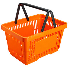 A bright orange shopping basket with black handle, isolated on a black background