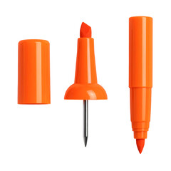 Close-up shot of three orange objects cap, sharp point, and marker